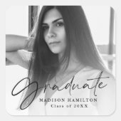 Black Stylish Script Foto Abschluss Quadratischer Aufkleber (Vorderseite)