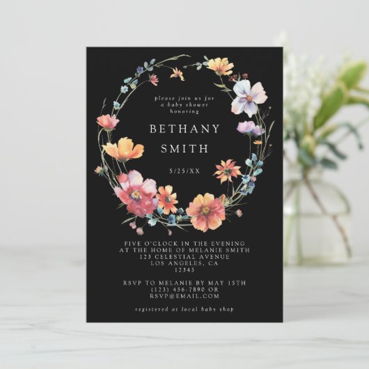 Black Summer Wildblume Babydusche Einladung (Stehend Vorderseite)