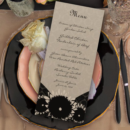 Black Sunflower Damask Wedding Menu Menükarte