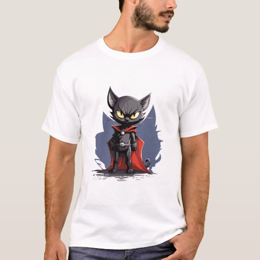 Black Superhero Cat with Red Cape T-Shirt (Vorderseite)