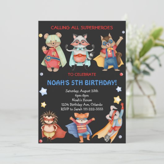 Black Superheroes Kindergeburtstag Einladung (Stehend Vorderseite)