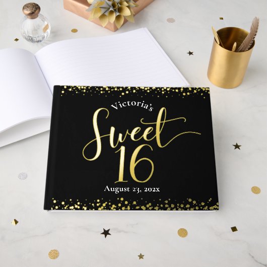 Black Sweet 16 Birthday Keepake Real Gold Foil Gästebuch (Vorderseite offen)
