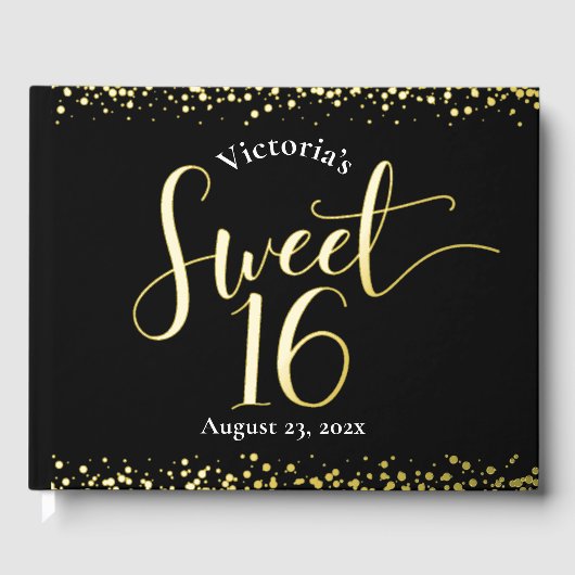 Black Sweet 16 Birthday Keepake Real Gold Foil Gästebuch (Vorderseite)