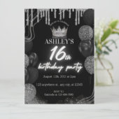 Black Sweet 16. Glitzer Glows Neon Geburtstag Einladung (Stehend Vorderseite)