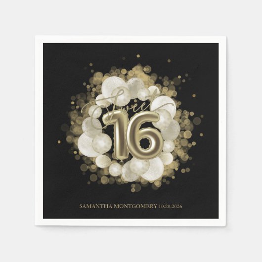 Black Sweet 16 Gold Aquarellballons Serviette (Vorderseite)