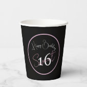 Black Sweet 16 Pink & White Script Paper cup Pappbecher (Rückseite)