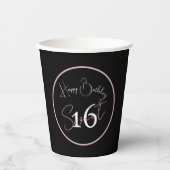 Black Sweet 16 Pink & White Script Paper cup Pappbecher (Vorderseite)