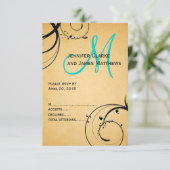 Black Swirl Aqua Monogram Wedding RSVP Karte (Stehend Vorderseite)