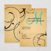 Black Swirl Aqua Monogram Wedding RSVP Karte (Vorne/Hinten)