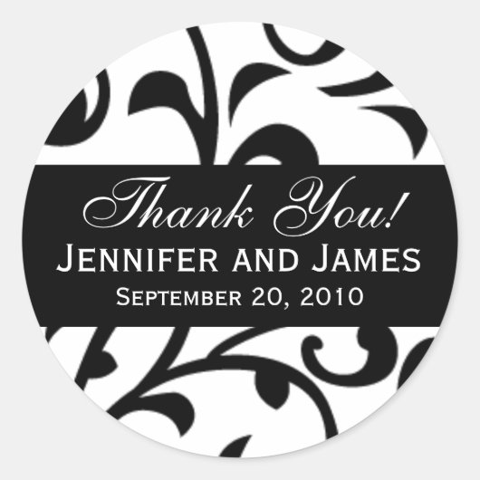 Black Swirl Damask Wedding Danke Labels Runder Aufkleber (Vorderseite)