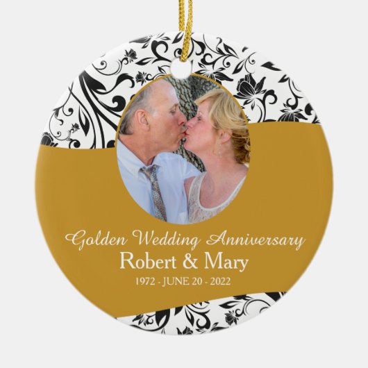 Black Swirl & Gold 50th Wedding Anniversary Foto Keramik Ornament (Vorne)