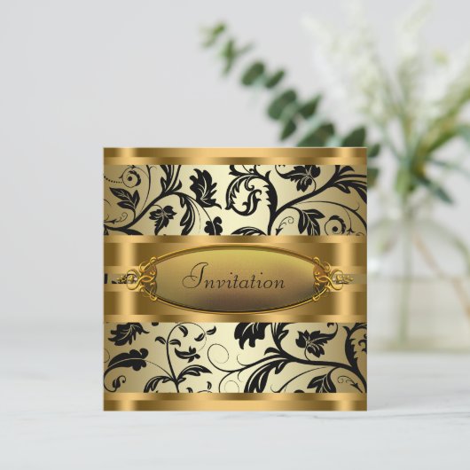 Black Swirl Rines Black Gold Party Einladung (Stehend Vorderseite)