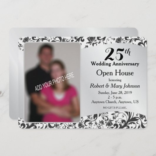 Black Swirl & Silver 25. Hochzeitstag Einladung (Vorne/Hinten)