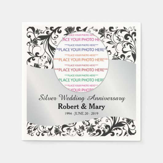 Black Swirl & Silver Wedding Jubiläum Foto Serviette (Vorderseite)