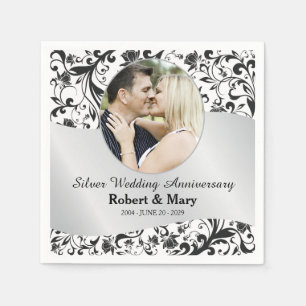 Black Swirl & Silver Wedding Jubiläum Foto Serviette