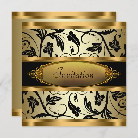 Black Swirl Vines Black Gold Jeder Anlass Party Einladung (Vorne/Hinten)