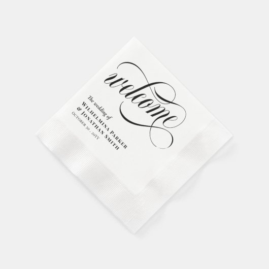 Black Swirly Script Wedding Welcome Serviette (Ecke)