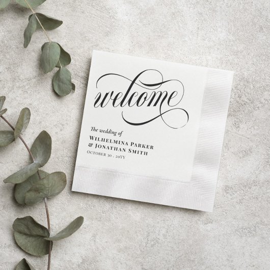Black Swirly Script Wedding Welcome Serviette