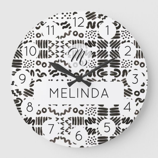 Black Symbol Pattern Modern Room Große Wanduhr (Vorderseite)