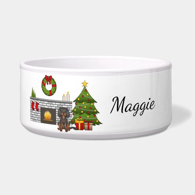 Black & Tan Cavalier in einem Weihnachtszimmer und Napf (Vorderseite)