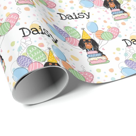Black Tan Cavalier King Charles Spaniel Birthday Geschenkpapier (Rolleneckpunkt)