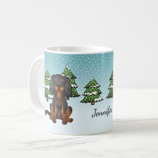 Black Tan Cavalier King Charles Spaniel im Winter Kaffeetasse (Vorderseite Links)