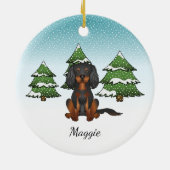 Black Tan Cavalier King Charles Spaniel im Winter Keramik Ornament (Hinten)