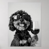 Black & Tan Cavapoo Drinking Wine Wall Art, Black  Poster (Vorne)
