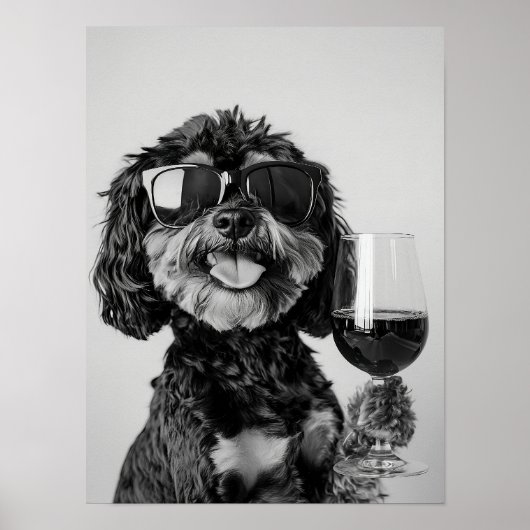 Black & Tan Cavapoo Drinking Wine Wall Art, Black  Poster (Vorne)