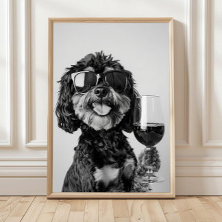 Black & Tan Cavapoo Drinking Wine Wall Art, Black  Poster