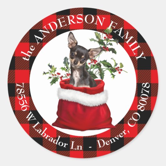 Black Tan Chihuahua Karierter Rahmen Runder Aufkleber (Vorderseite)