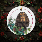 Black Tan Cocker Spanel Evergreen Berry Wreath Keramik Ornament