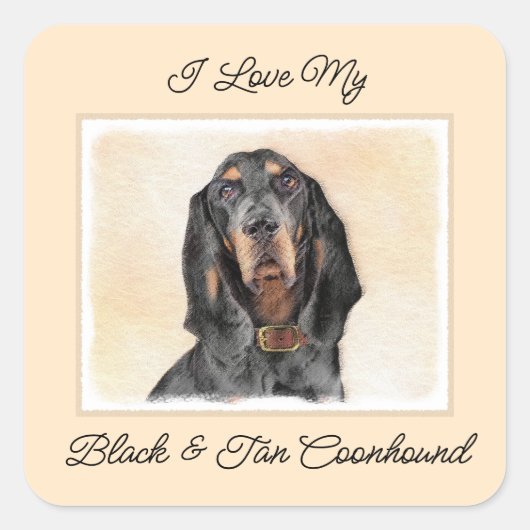 Black & Tan Coonhound Malerei - Original Hunde Kun Quadratischer Aufkleber (Vorderseite)