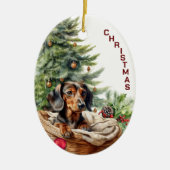 Black Tan Dackel Dog Wicker Korb Weihnachten Keramik Ornament (Vorne)