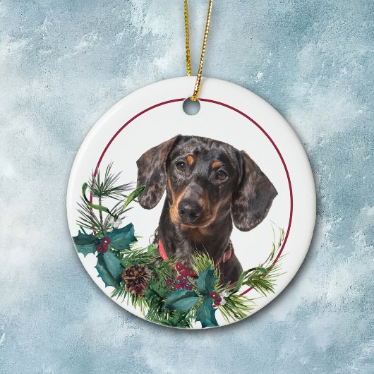 Black Tan Dackel Hund Evergreen Berry Wreath Keramik Ornament