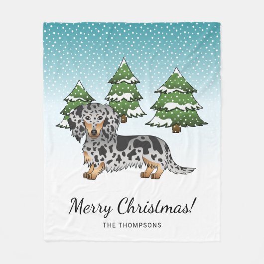 Black & Tan Daple Long Hair Dackel im Winter Fleecedecke (Vorderseite)