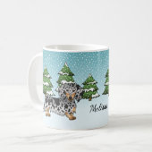Black & Tan Daple Long Hair Dackel im Winter Kaffeetasse (Vorderseite Links)