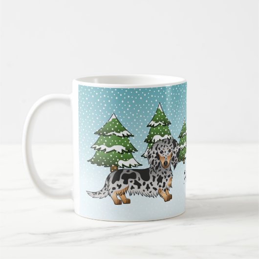Black & Tan Daple Long Hair Dackel im Winter Kaffeetasse (Links)