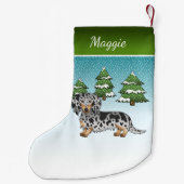 Black & Tan Daple Long Hair Dackel im Winter Kleiner Weihnachtsstrumpf (Rückseite)