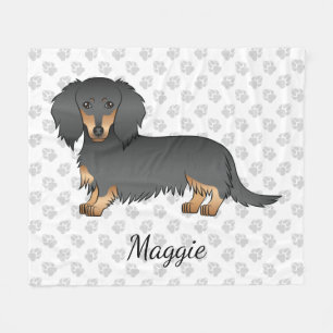 Black & Tan Long Hair Dackel Cartoon Dog & Name Fleecedecke