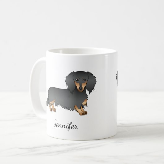 Black & Tan Long Hair Dackel Cartoon Dog & Name Kaffeetasse (Vorderseite Links)