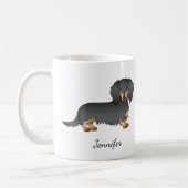 Black & Tan Long Hair Dackel Cartoon Dog & Name Kaffeetasse (Links)
