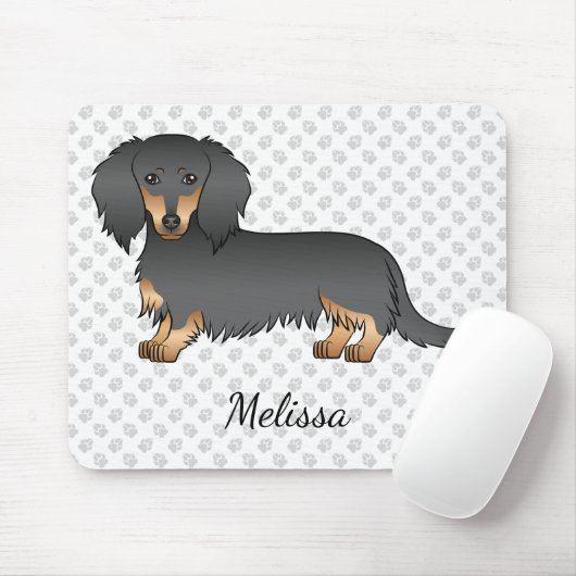 Black & Tan Long Hair Dackel Cartoon Dog & Name Mousepad (Mit Mouse)