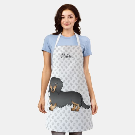 Black & Tan Long Hair Dackel Cartoon Dog & Name Schürze (Getragen)