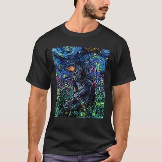 Black Tan Long Hair Dackel Starry Night Dog Kunst T-Shirt (Vorderseite)