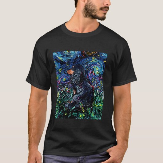 Black Tan Long Hair Dackel Starry Night Dog Kunst T-Shirt (Vorderseite)