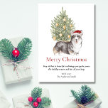 Black Tan White Corgi und Weihnachtsbaum Haustier  Feiertagskarte<br><div class="desc">Diese bezaubernde Weihnachtskarte mit Corgi-Motiven ist mit einem schwarzen, bräunlichen und weißen Korgi ausgestattet, der eine Weihnachtsmannmütze trägt, die vor einem beleuchteten Weihnachtsbaum sitzt. Der Gruß auf der Karte lautet "Frohe Weihnachten" "Möge alles, was schön ist und Ihnen Freude bringt, sein diese Feriensaison und das ganze Jahr lang" und kann...</div>