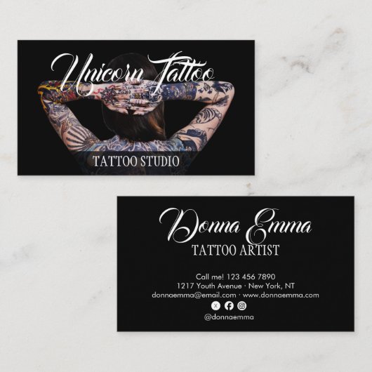 Black Tattoo artists photo script typography Visitenkarte (Vorne/Hinten)
