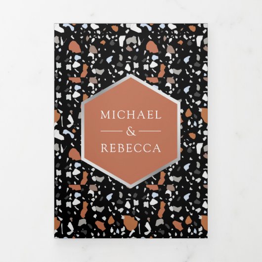 Black Terrazzo Tile Terracotta QR Code Wedding Dreifach Gefaltete Einladung (Cover)