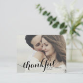 Black Thankful Calligraphy Foto Wedding Danke Postkarte (Stehend Vorderseite)